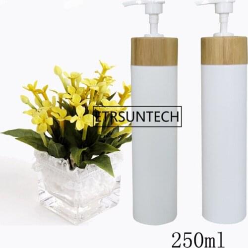 250ml white PE bottle with bamboo pumps tops,plastic lotion bottle with bamboo pump head for shampoo F1364