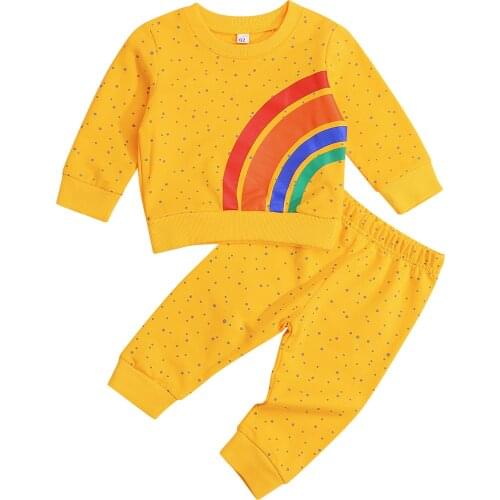 Citgeett Autumn Infant Girls Dot Print Clothes Set Rainbow Print Long Sleeve T-shirt + Elastic Waist Trousers Spring Set