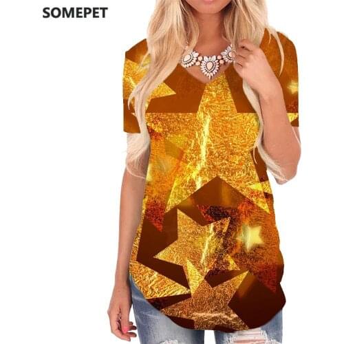 SOMEPET Graphics T Shirt Women Star V-neck Tshirt Gold Funny T shirts Sequins T-shirts 3d Womens Clothing Fashion Cool Style