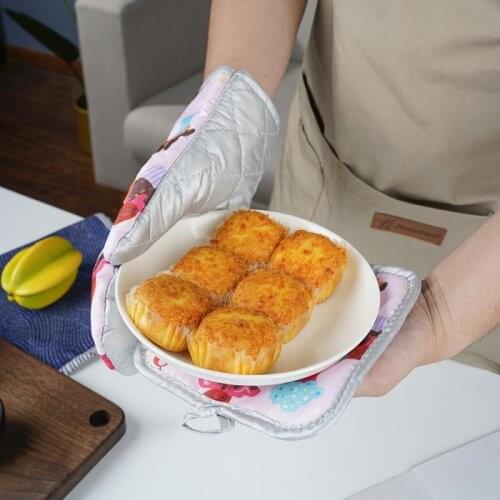 2pc/set Cotton Oven Gloves Anti-scalding Oven Mitts Pattern Kitchen Gloves Tray Dish Bowl Holder With Baking Insulation Mat Tool