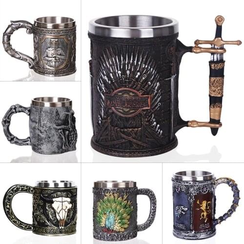 Retro Dragon Resin Stainless Steel Beer Mug Skull Knight Tankard Halloween Coffee Cup Creative Viking Tea Mug Pub Bar Decoration