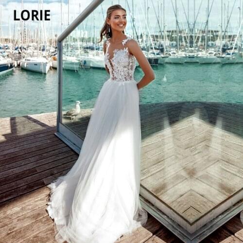 LORIE Beach Wedding Dresses 2021 O-Neck Appliques Lace A-Line Tulle Boho Wedding Gown Simple White Bride Dress hochzeits kleid