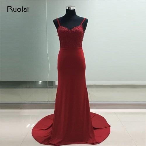 Real Photo 2019 Prom Dress Sweetheart Spaghetti Straps Appliques Burgundy Evening Dresses Long Mermaid Formal Dresses FE39