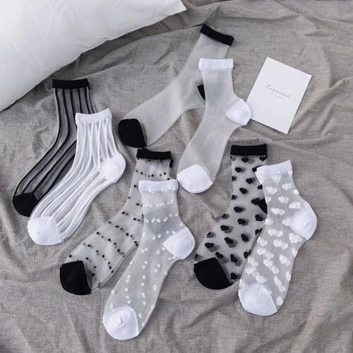 Casual Women Socks Summer Ultra-thin Transparent Crystal Silk Socks Japanese Kawaii Cute Polka Dot Heart Striped Glass Socks