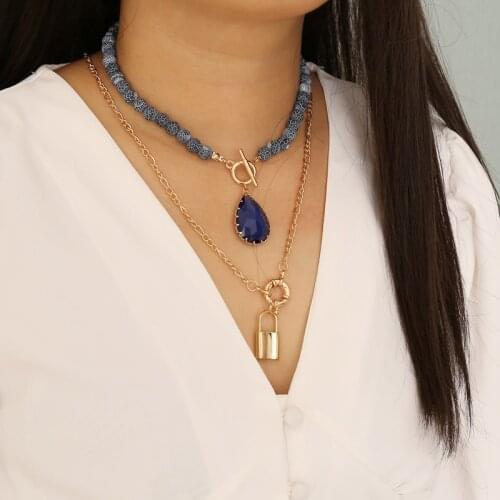 New fashion natural stone alloy lock necklace for women exaggeration creative gold metal pendant gift 2020 jewelry wholesale