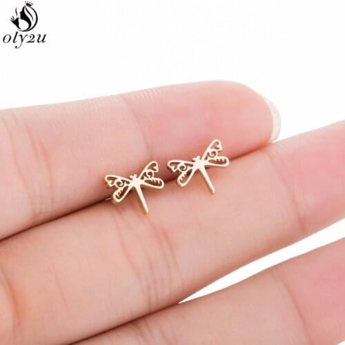 Oly2u Boho Earring 2019 Cute Dragonfly Shape Stainless Steel Stud Earrings for Women Kids Creative Jewelry Accessories Brincos