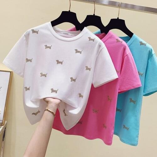 S-XL Summer Tops Woman T-shirt Diamond Short Sleeve Tshirt Women Clothing Blue Tee Shirt Pink Kawaii Clothes Cotton New 2021