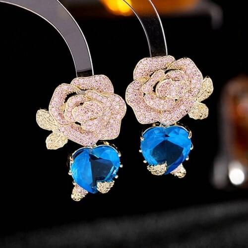 1 Pair Fully-Jewelled CZ Rose Flower Drop Earrings Hyperbole Heart Stone Tassel Earrings for Women Party Ear Accessories