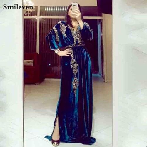 Smileven Blue Moroccan Caftan Formal Evening Dresses Bat Sleeve Muslim Party Dress V Neck Dubai Special Occasion Gowns