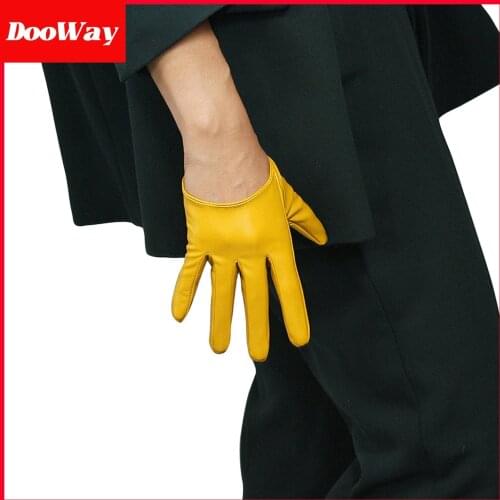 DooWay Extra Short Latex Gloves Faux Leather Sheepskin 5-inch Half Palm Costume Party Cosplay Gloves Mustard Yellow