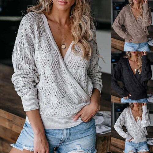 Sexy Knit Sweater women Autumn Winter Deep V Neck Sweater Long Sleeve Crochet Knit Hollow Pullover Elegant Women top S-3XL