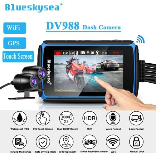 Blueskysea DV988 Touch Screen Motorcycle Motorbike WiFi Camera HDR Dash Cam DVR Dual 1080P Voice Loop Record Parking Monitoring