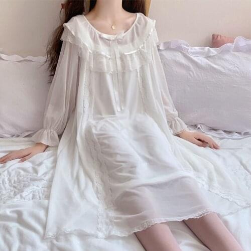 Princess Sleepwear Lolita Night Dress Women White Tulle Long Sleeve Lace Peignoir Home Nightwear Girl Kawaii Vintage Nightgowns
