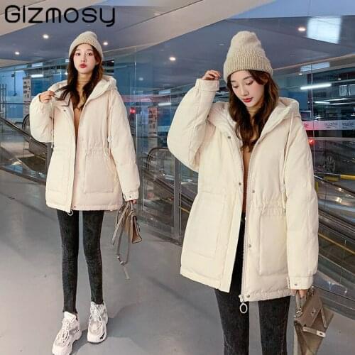 Gizmosy Hooded Down Padded Jacket Womens Winter 2021 New Fashion Slim Thicken Warm Parkas Female Outwear Casual Coat Jackets