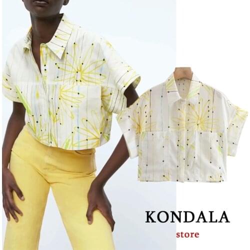 KONDALA Women Short Shirts Za Vintage Floral Print Short Sleeve Shirts Female Streetwear Summer Fashion 2021 Mujer Tops