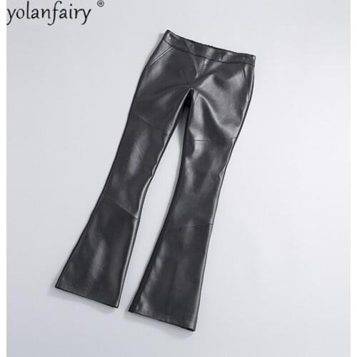2021 New Real Genuine Sheepskin Leather Flare Pants for Women Spring Autumn Female Clothes Womens Trousers Spodnie Damskie