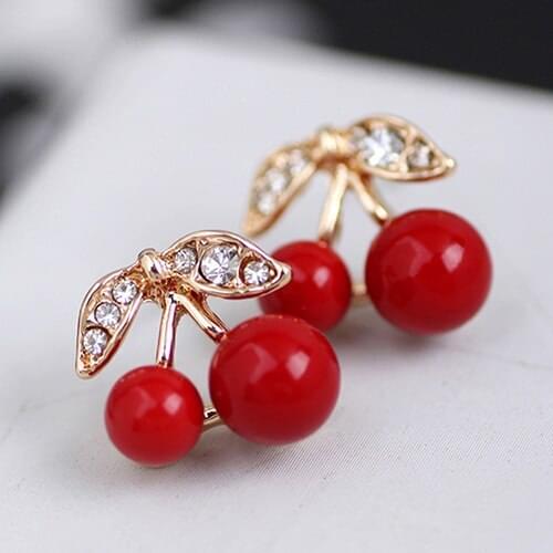 Women Red Cherry Clear Rhinestone Ear Studs Beads Golden Alloy Leaves Earrings