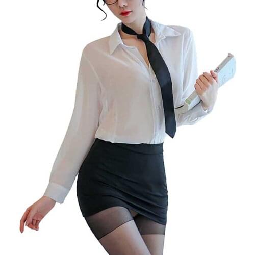 Womens Sexy Secretary Costume 2-piece Office Lady Uniform White Blouse Mini Skirt Outfit Bedroom Roleplay Lingerie