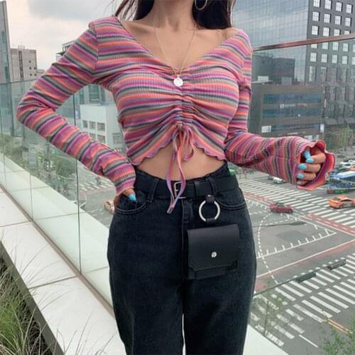 2021 Fashion Trend Spring Womens Sexy Drawstring Crop Top Long Sleeve V Neck Striped Print Knit Tee Autumn New Fitting T-shirt