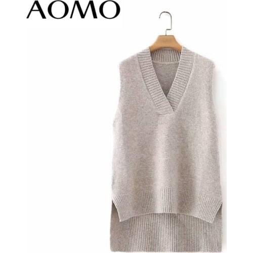 AOMO Women 2021 Fashion Oversized Long Knitted Vest Sweater V Neck Sleeveless Female Waistcoat Chic Tops 2X34A