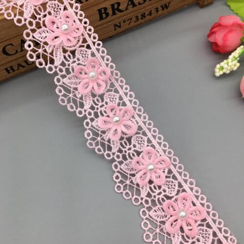1 Yard Pearl Beaded Pink Flower Heart Embroidered Lace Trim Ribbon Fabric Sewing Craft DIY For Costume Wedding Dress Decoration