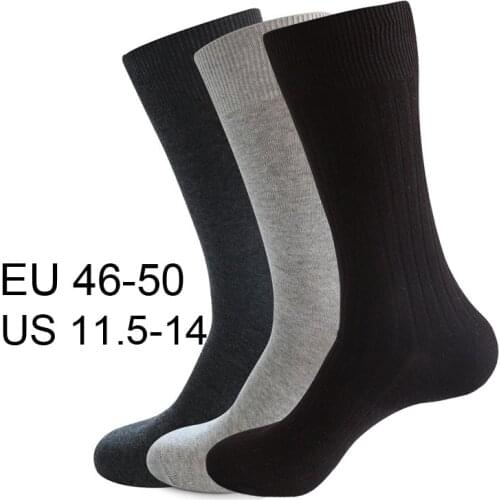 High Quality 10 pcs=5 Pairs Comb Cotton Men Dress Socks Plus Size Black Long Business Classic Solid Color Socks 46 47 48 49 50