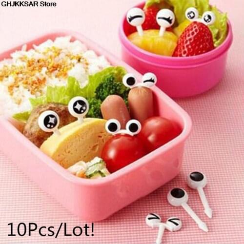 10PCs/ Lot Cute Plastic Fruit Toothpick Lovely Eye Cartoon Forks Bento Decorative Tableware Food Picks Fish Fork Dessert