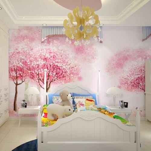 Childrens room girl room pink tree wallpaper bedroom bedside mural cartoon tree wallpaper wall sticker papel pintado beibehang