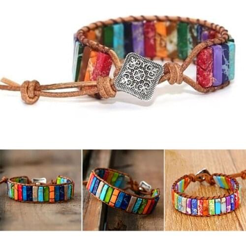 7 Chakra Bracelets Handmade Colorful Bracelet Chakra Beads Stone Leather Wrap Bangle Jewelry Gifts d88