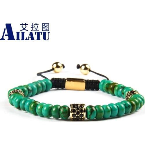 Ailatu Wholesale 10pcs/lot Natural Green Flat Beads Macrame Bracelet with Black Cz Cylinder Beads for Mens Gift