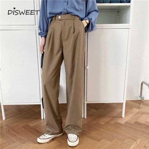 Fashionable High Waist Button Trousers Woman Korean Loose Solid Straight Pants Ladies Simple Slim Womens Wide-leg Pants 2020