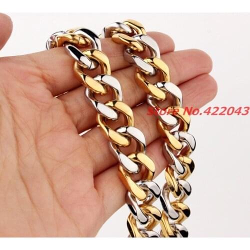 7-40" Length 15mm Boys Mens Silver Gold color Curb Cuban Chain Stainless Steel Necklace Fashion jewelry Gift