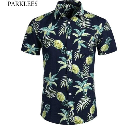 Navy Blue Pineapple Hawaiian Shirt 2019 Summer Mens Short Sleeve Dress Shirts Tropical Floral Hawaii Shirt Male Camisa Social