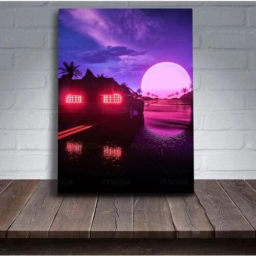 Canvas Print Picture Luxury Car Wall Art Neon Light Paintings Home Decor Vaporwave Modular Sunset Poster For Living Room Frame