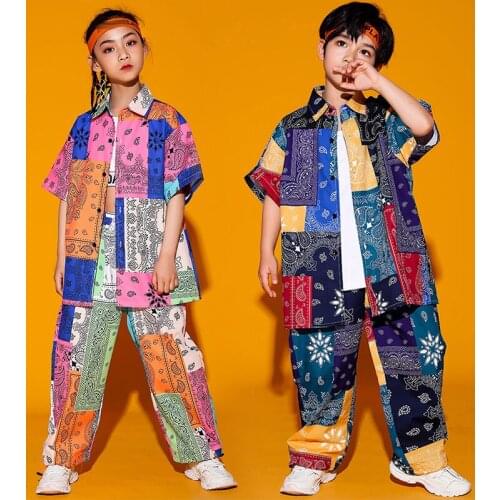 Modern Hip Hop Dance Costume Fashion Printed Shirts Pants Street Dance Performance Outfit Girls Childrens Day Stage Wear BL6090