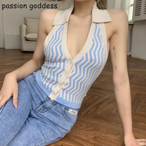 Summer New Women Sexy Backless Halter Bodycon Tank Tops 2021 Polo Collar Button Cardigan Crop Top Stripe Knitted Y2k Cute Tops