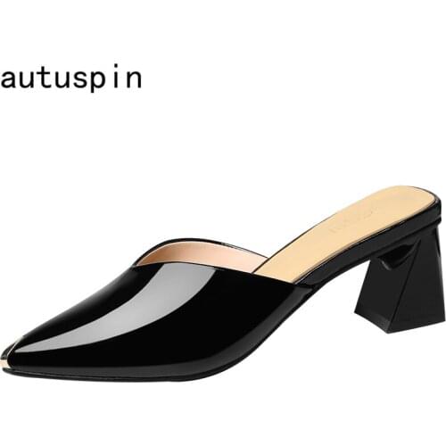 Autuspin Pointed Toe Mules Shoes for Women Patent Leather Slip on Pumps Female Summer Autumn Party Wedding Casual Heels Woman