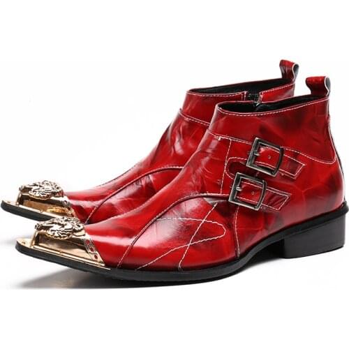 New Winter Men Boots Genuine Leather Metal Toe Men Ankle Print Boots Men Dress Shoes Buckle Wedding Shoes Zapatillas Hombre