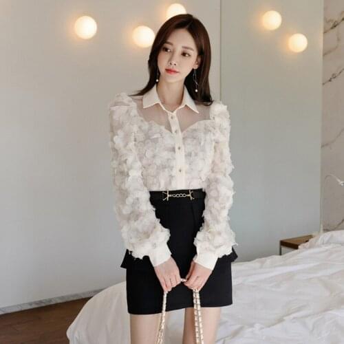New arrival fashion korean set women spring OL temperament casual applique perspective loose shirt and mini skirt two piece set