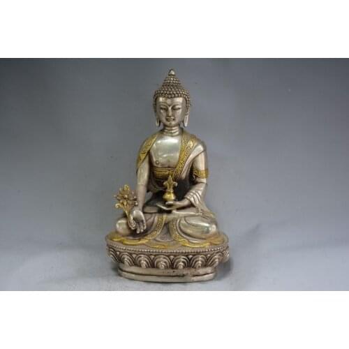 Rare Old Silver gold-plating carving-- Pharmacist Buddha Statue ,#18,best collection&adornment,free shipping