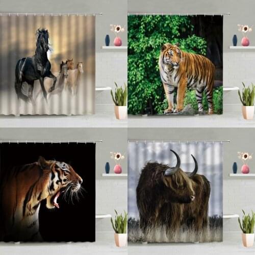 Wild Animals Shower Curtain Cow Ferocious Tiger Running Horse Highland Cattle Green Plants Bathroom Decoration Screen Washable
