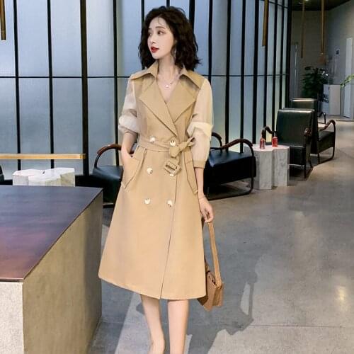 Fashion Patchwork Windbreaker Womens Long British Style 2020 Spring New Temperament Slim Coat Jacket Dress For Office Lady K744