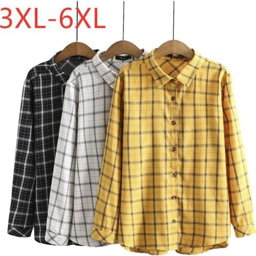 New 2021 Ladies Spring Autumn Plus Size Tops For Women Large Long Sleeve Loose Cotton Yellow Black Plaid Shirt 3XL 4XL 5XL 6XL