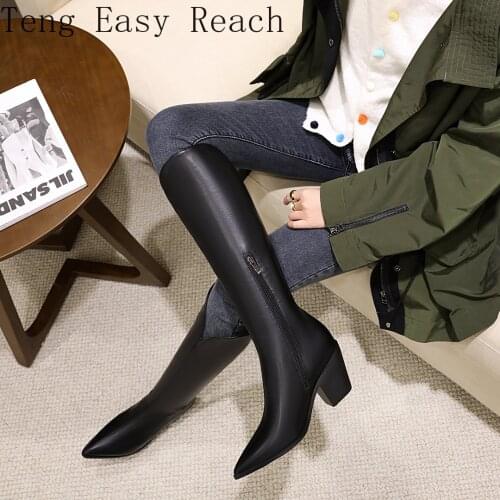 Women Knee High Boots Sexy Pointed Toe Western Cowboy Boots 2021 Winter PU Leather Women Mid-calf Chunky Wedge Boots 41 42 43