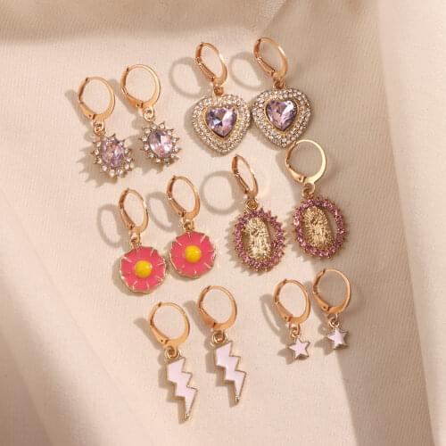 JUST FEEL Cute Star Flowers Lightning Small Drop Earrings for Women Shiny Heart Portrait Crystal Dangle Earrings Set Jewelry