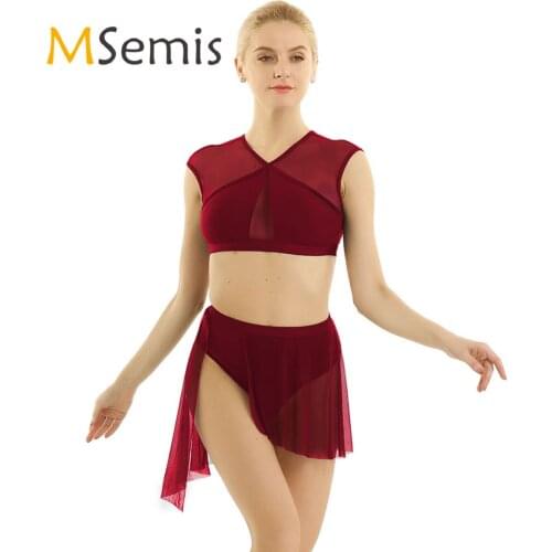 Women Asymmetric Contemporary Lyrical Belly Dance Outfits Ballet Tutu Dance Wear Female Splice Crop Top with Ballerina Skirt