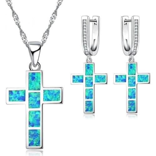 Charm Cross Jewelry Set Blue Imitation Fire Opal Pendant Necklace With Earrings For Women Accessories Wedding Party Loves Gift