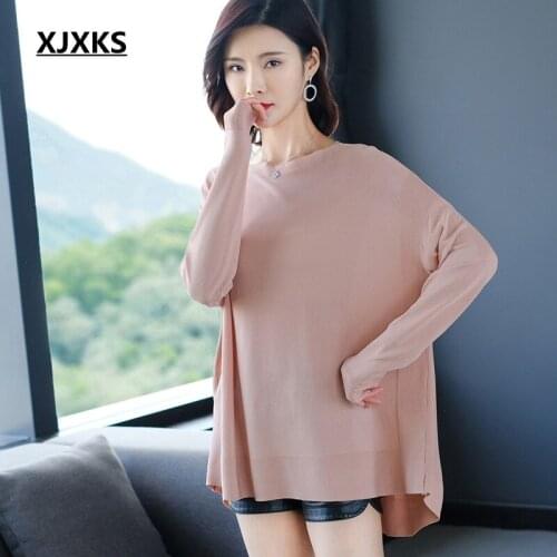 XJXKS Women Sweater 2020 Spring New Casual Slash Neck Plus Size Tops Long-sleeved Knit Sweater Women Pullover Oversized Sweater
