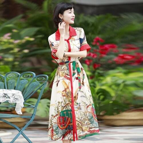 Loose Luxurious Vintage 100% Silk Printed Women Long Summer Fashion Short Sleeve with Sashes Single Breasted Dress