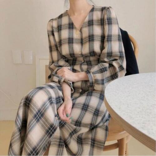 Korean women autumn winter long sleeve plaid long shirt dress ladies v neck elegant bodycon casual dresses with belt